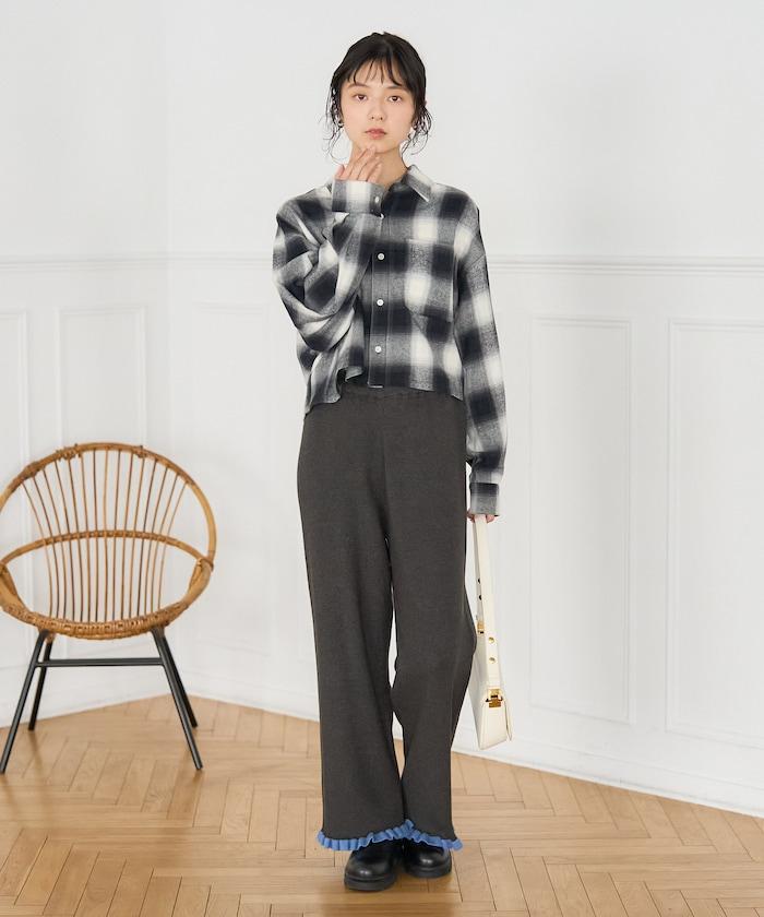 拼色下襬荷葉邊針織休閒褲