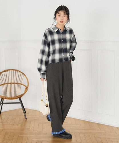 拼色下襬荷葉邊針織休閒褲