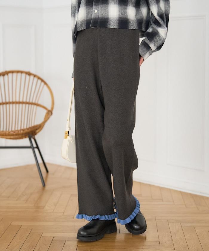 拼色下襬荷葉邊針織休閒褲