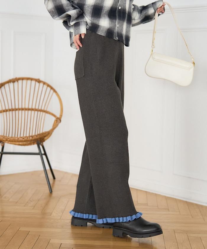 拼色下襬荷葉邊針織休閒褲