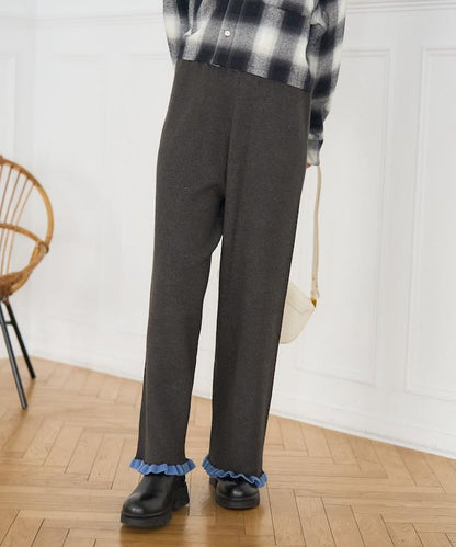 拼色下襬荷葉邊針織休閒褲