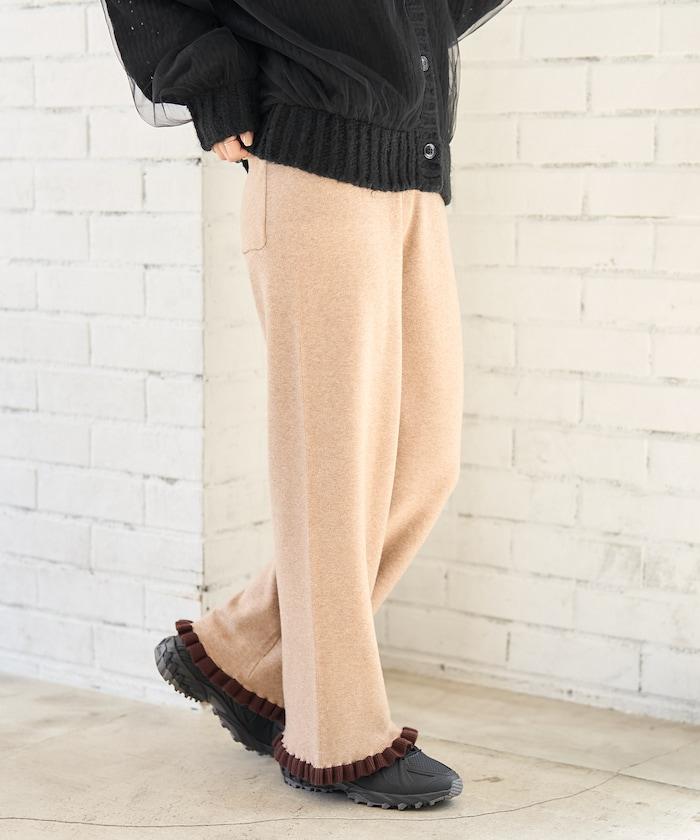 拼色下襬荷葉邊針織休閒褲