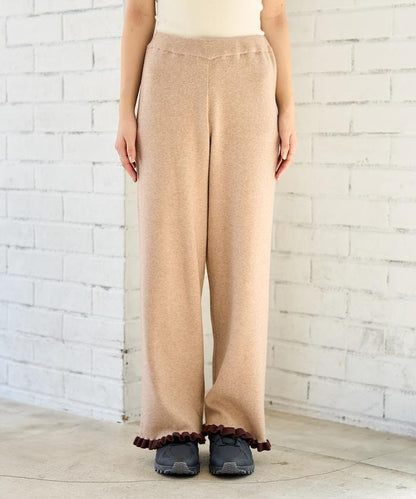 拼色下襬荷葉邊針織休閒褲