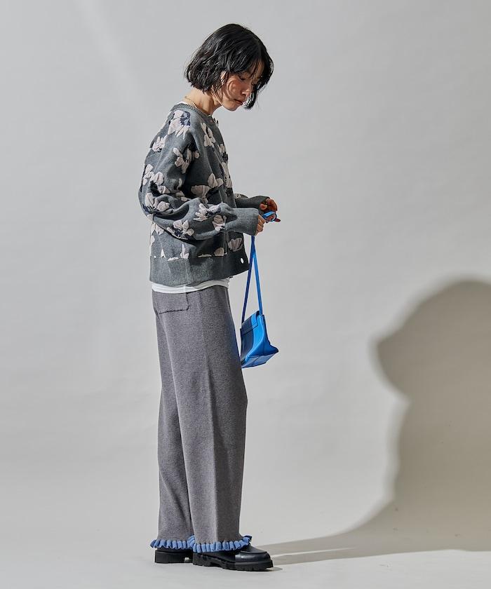 拼色下襬荷葉邊針織休閒褲