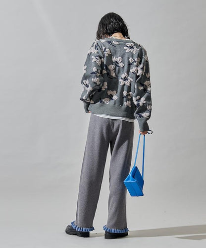 拼色下襬荷葉邊針織休閒褲