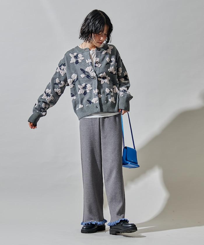 拼色下襬荷葉邊針織休閒褲