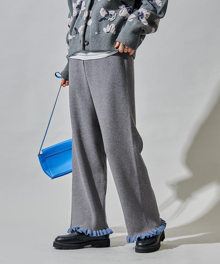 拼色下襬荷葉邊針織休閒褲