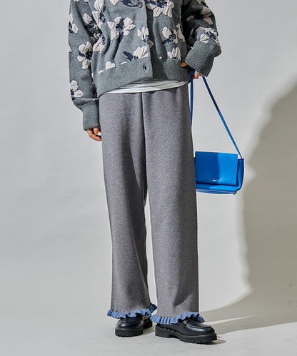 拼色下襬荷葉邊針織休閒褲