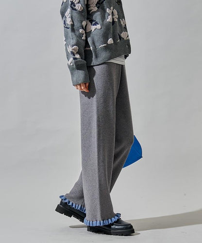 拼色下襬荷葉邊針織休閒褲