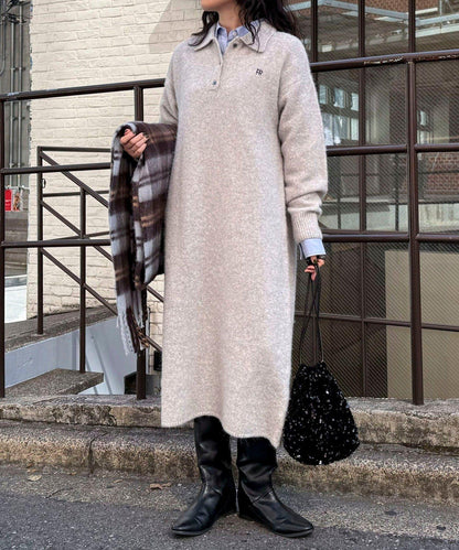 FR刺繡翻領針織連衣裙