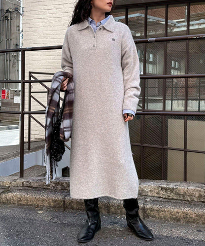 FR刺繡翻領針織連衣裙