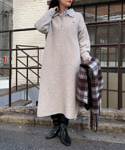 FR刺繡翻領針織連衣裙