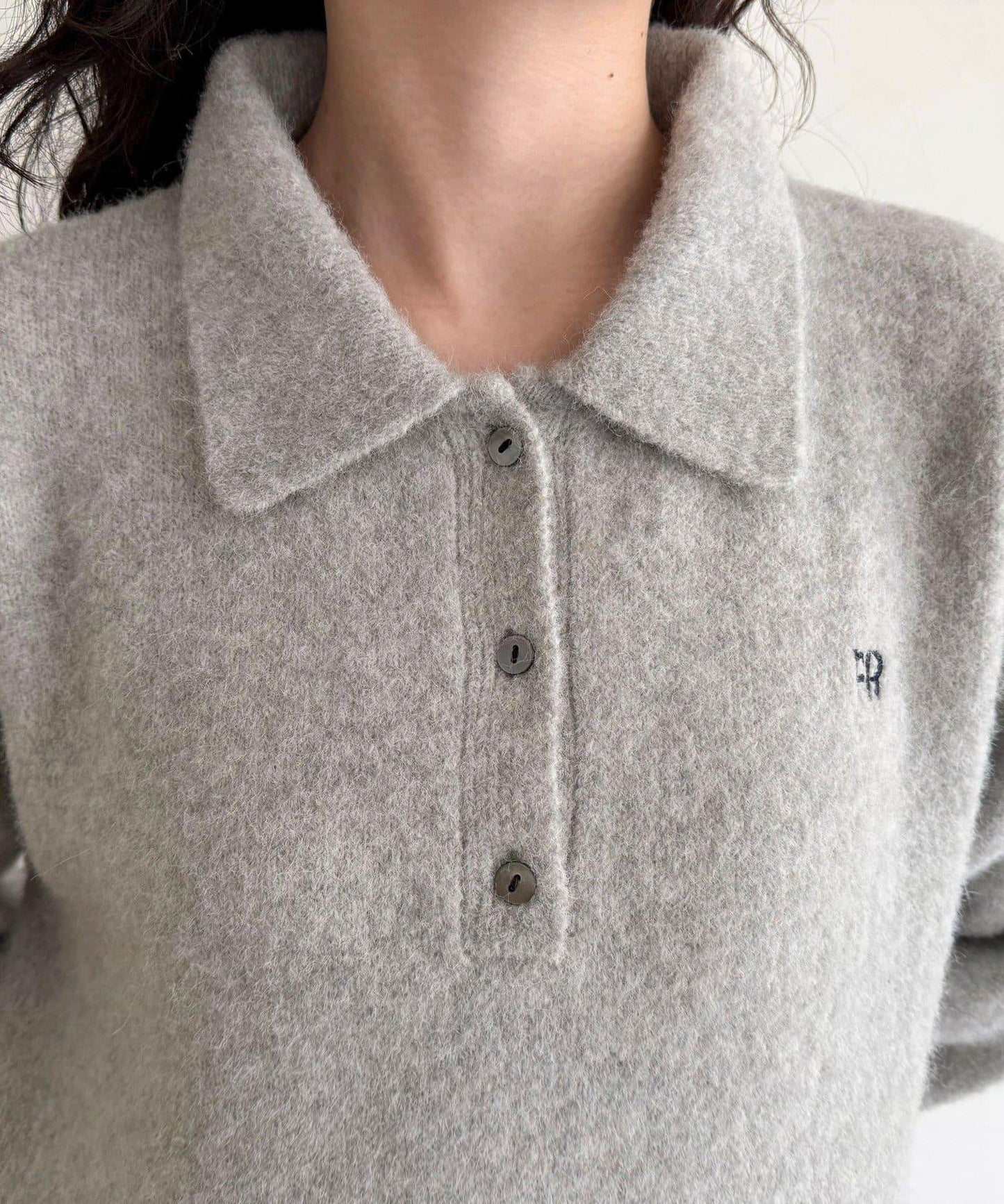 FR刺繡翻領針織連衣裙