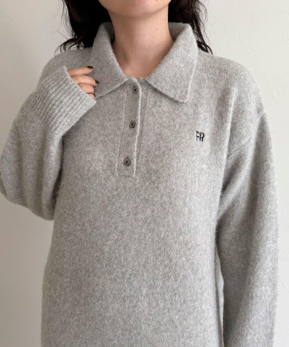 FR刺繡翻領針織連衣裙