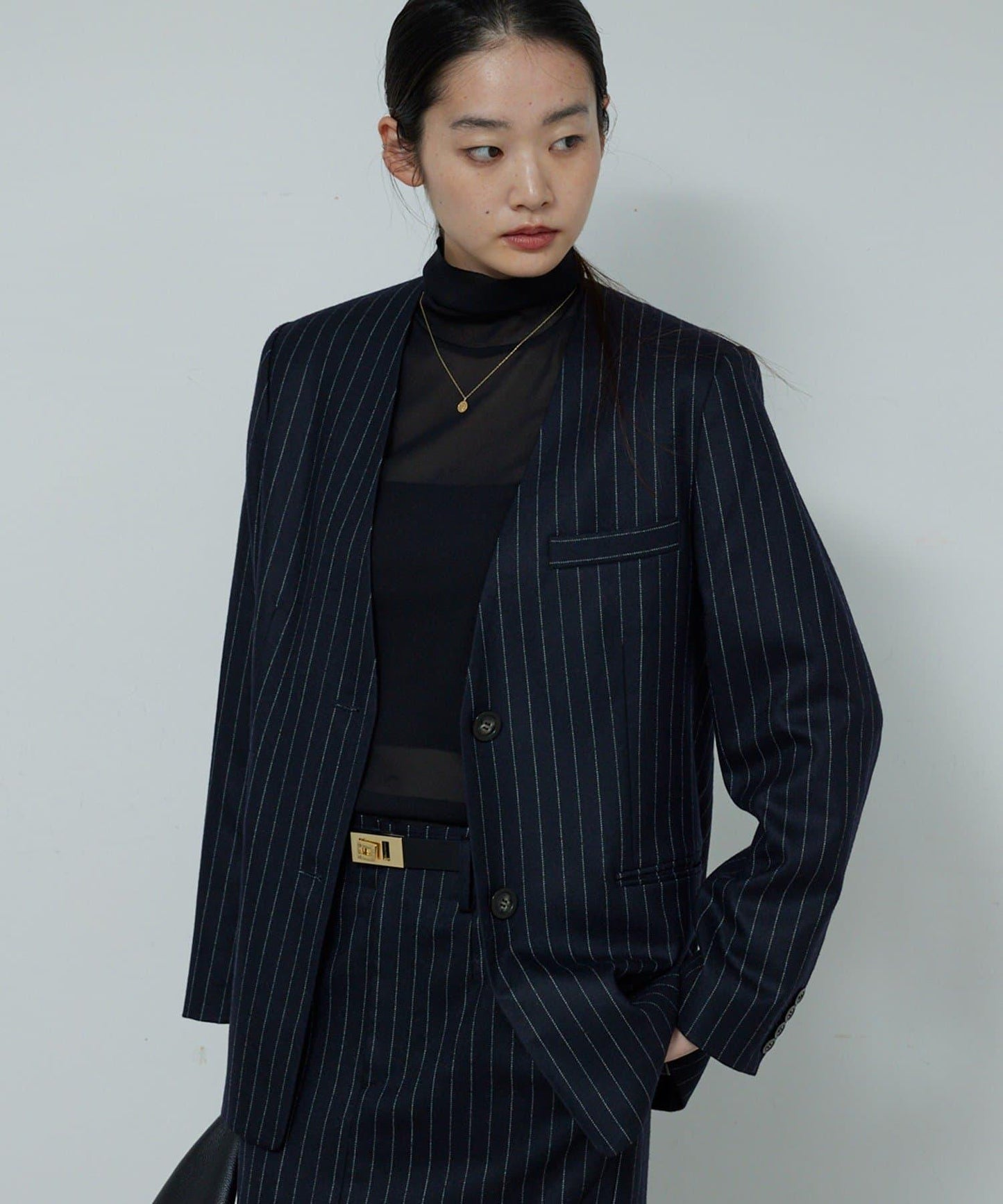 【近期開始】【可搭配套裝】條紋無領夾克