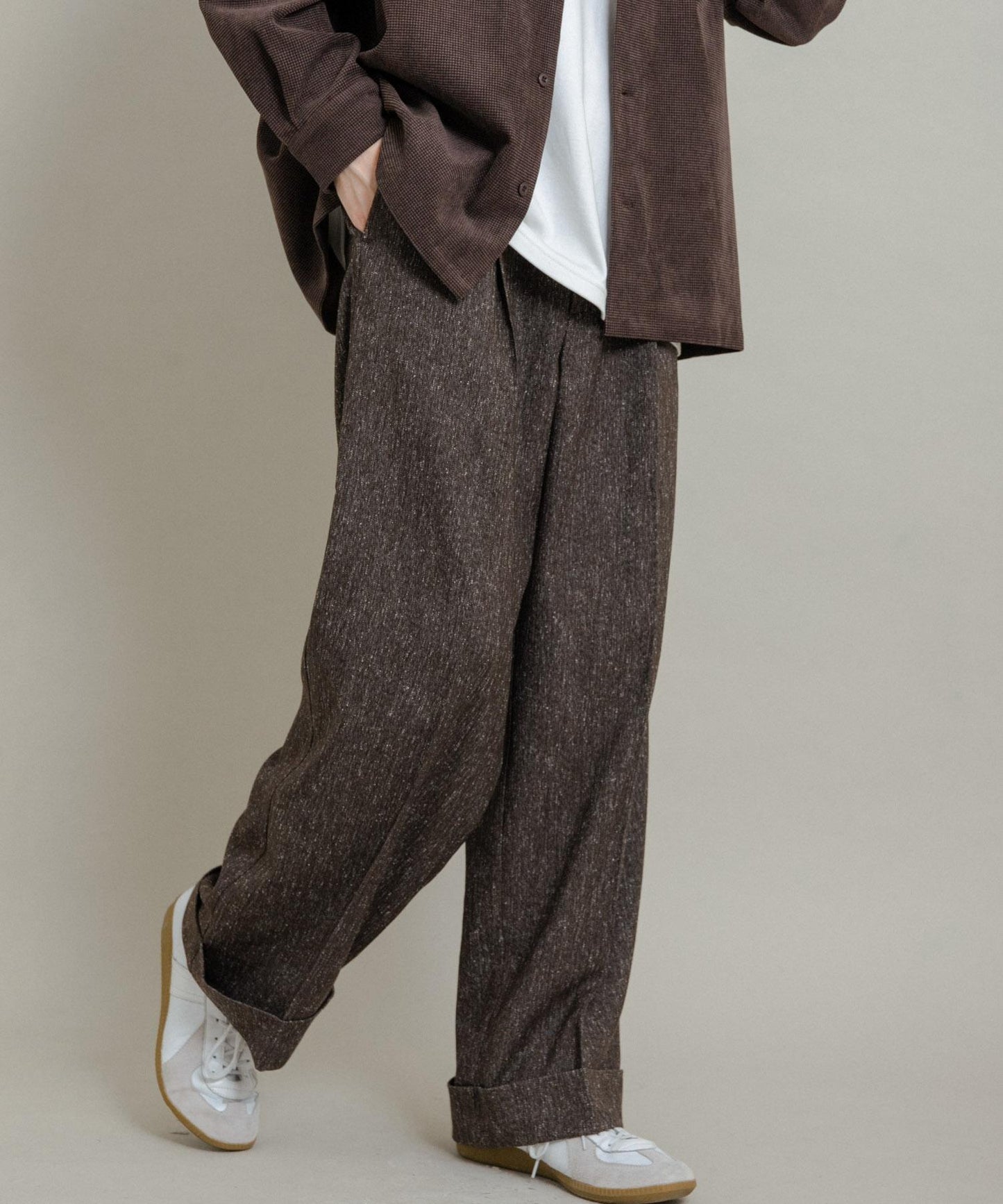 斜紋寬鬆雙褶西裝褲