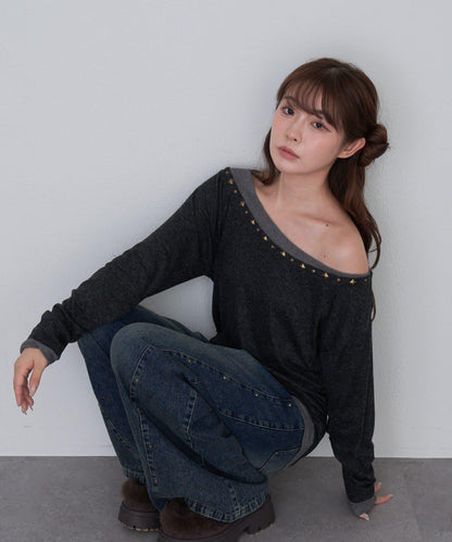 【RAY CASSIN】鉚釘裝飾疊穿長袖T恤