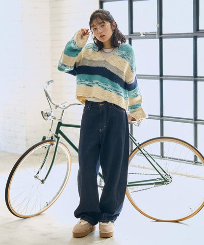 拼色條紋針織連帽衫