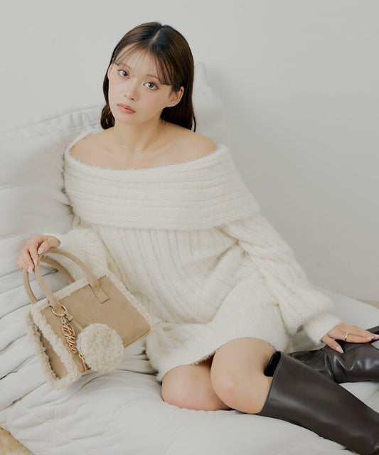 Chico 前後雙穿毛絨露肩迷你連衣裙