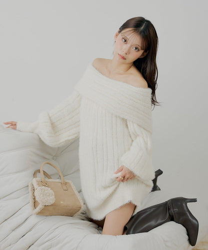 Chico 前後雙穿毛絨露肩迷你連衣裙