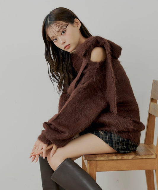 Chico 肩部蝴蝶結 露肩開口 長絨針織上衣