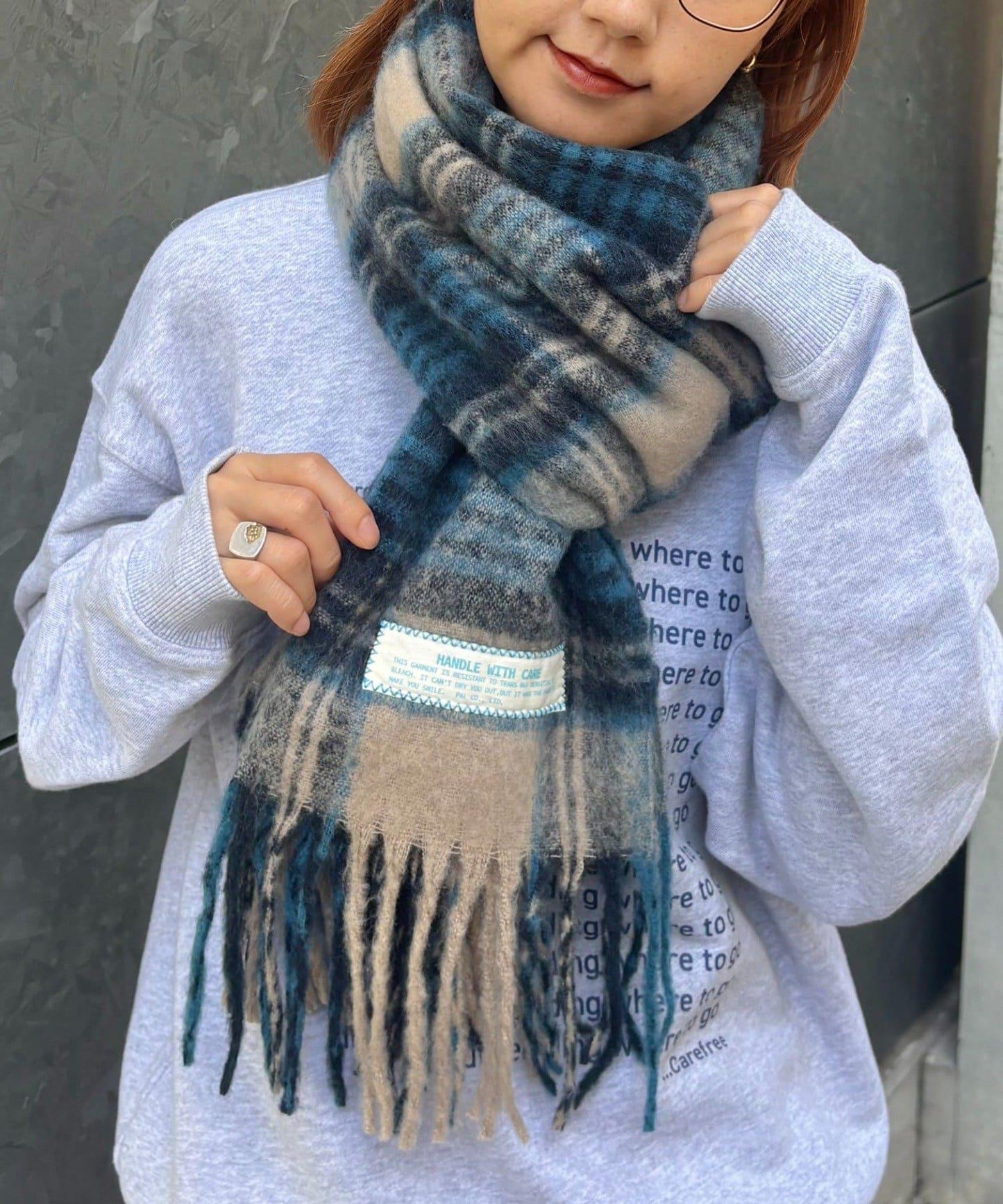 【UNISEX】格紋流蘇圍巾