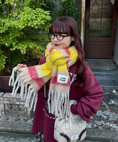 拼色流蘇加厚圍巾