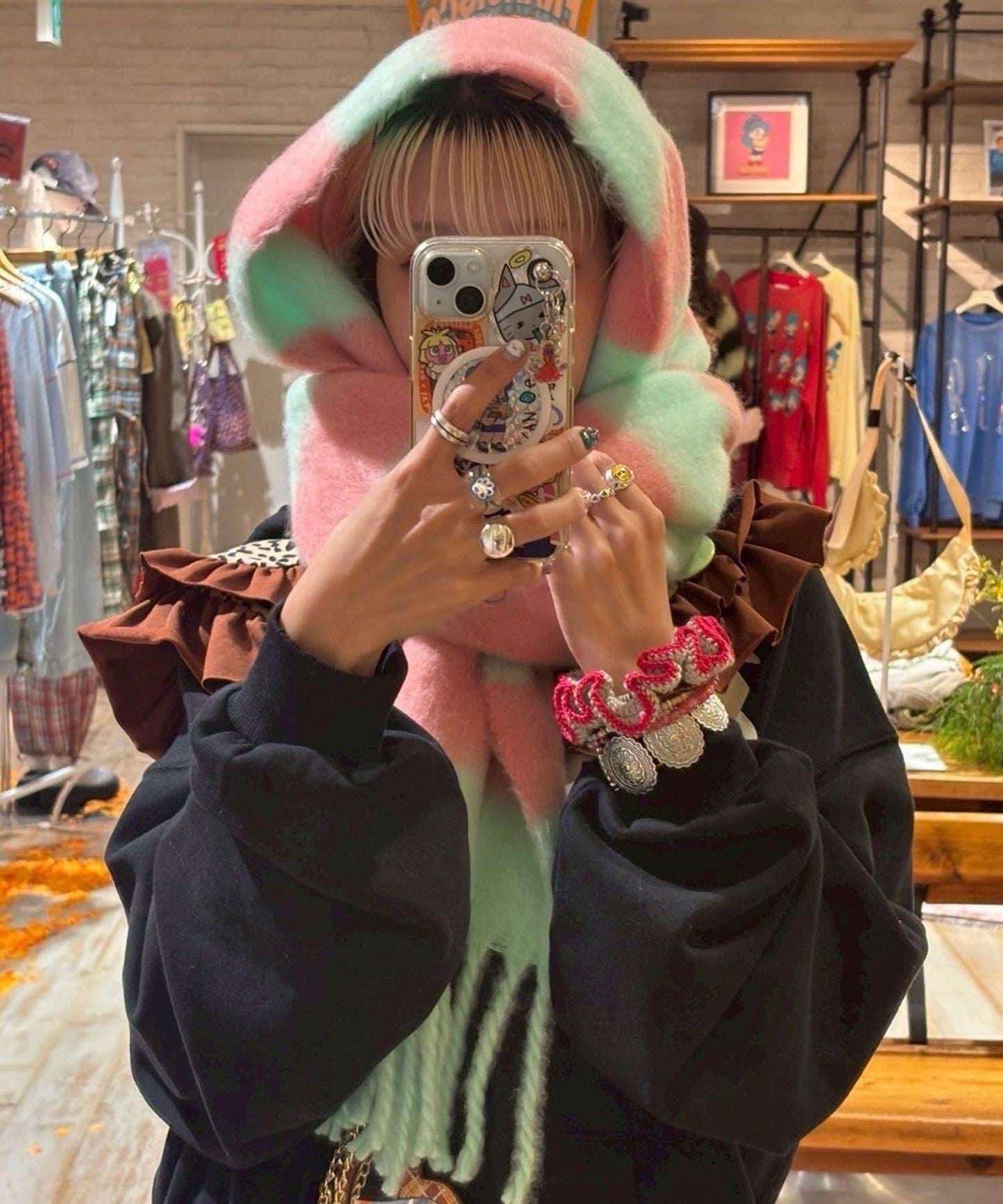 拼色流蘇加厚圍巾