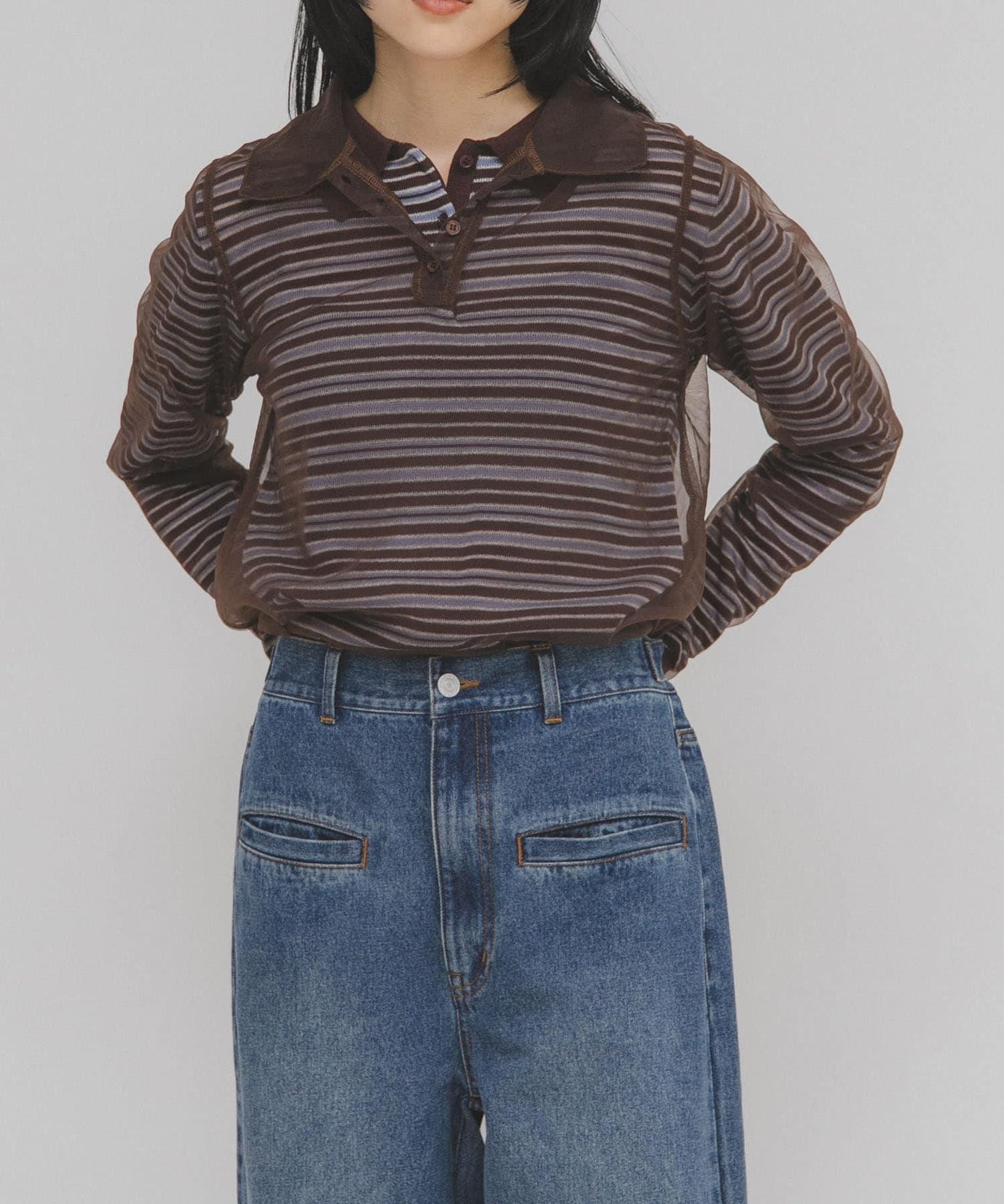 網紗拼接針織襯衫