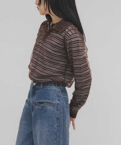 網紗拼接針織襯衫