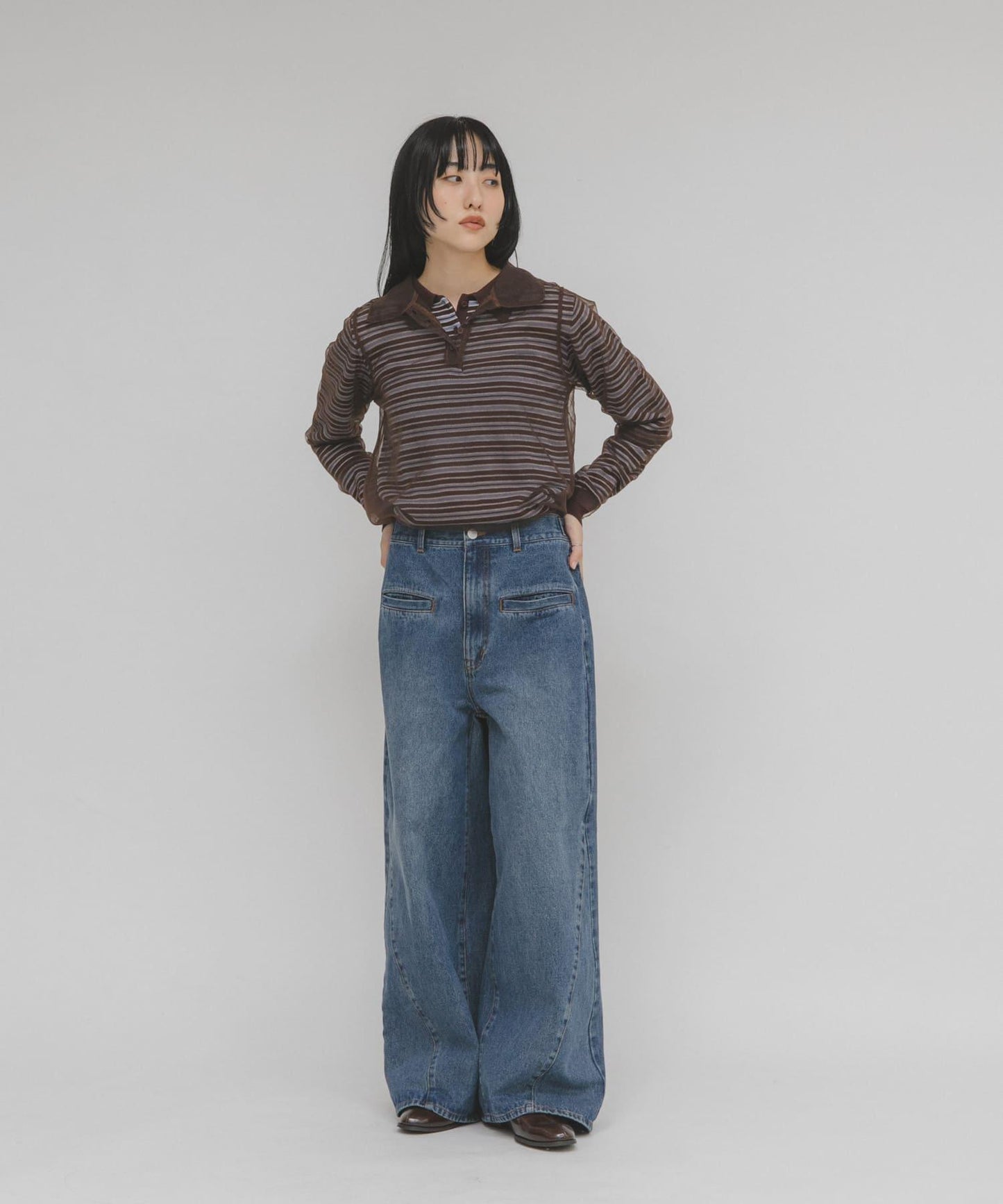 網紗拼接針織襯衫