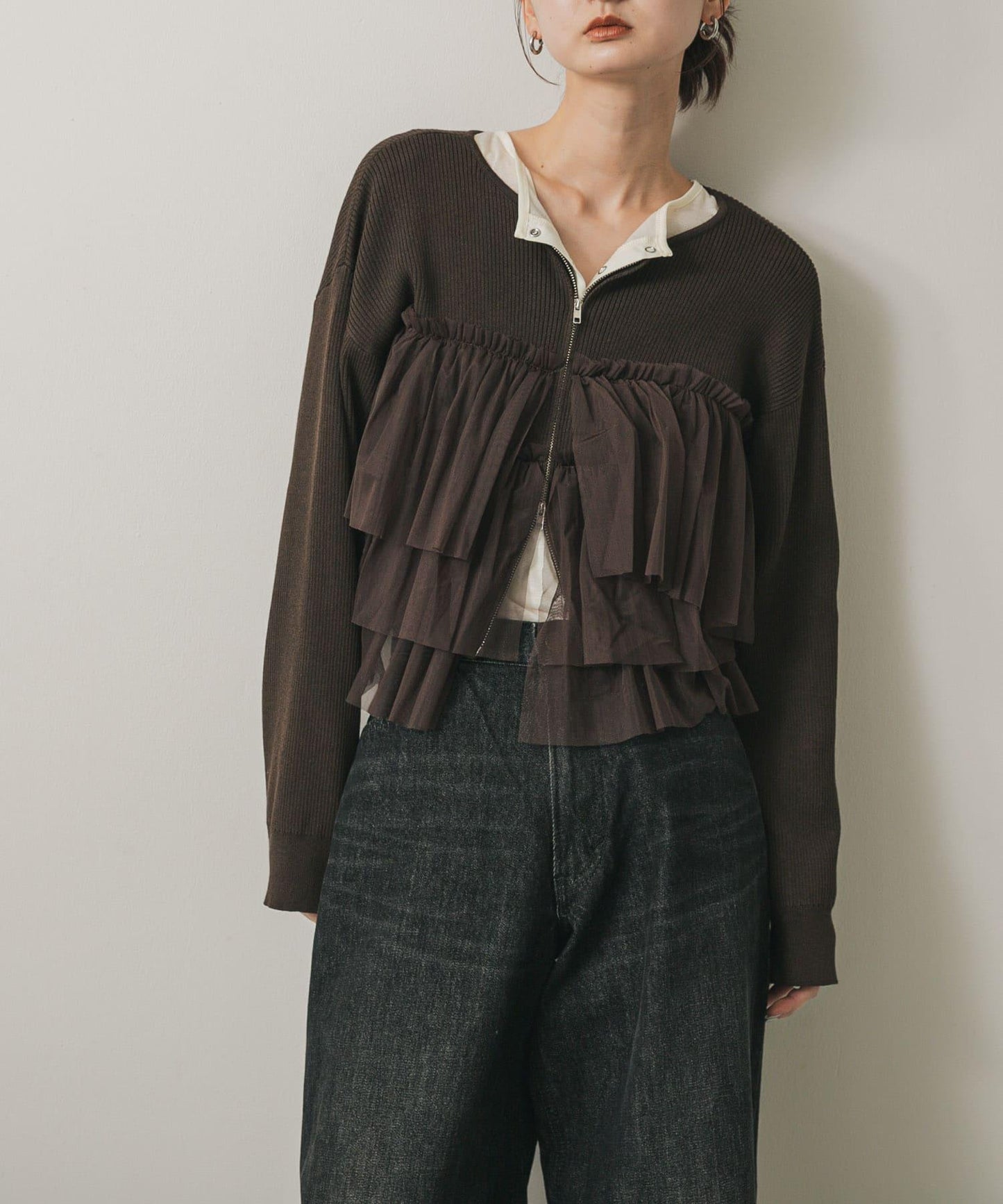 雙拉鍊荷葉邊針織開衫