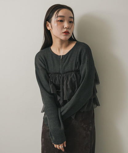 雙拉鍊荷葉邊針織開衫