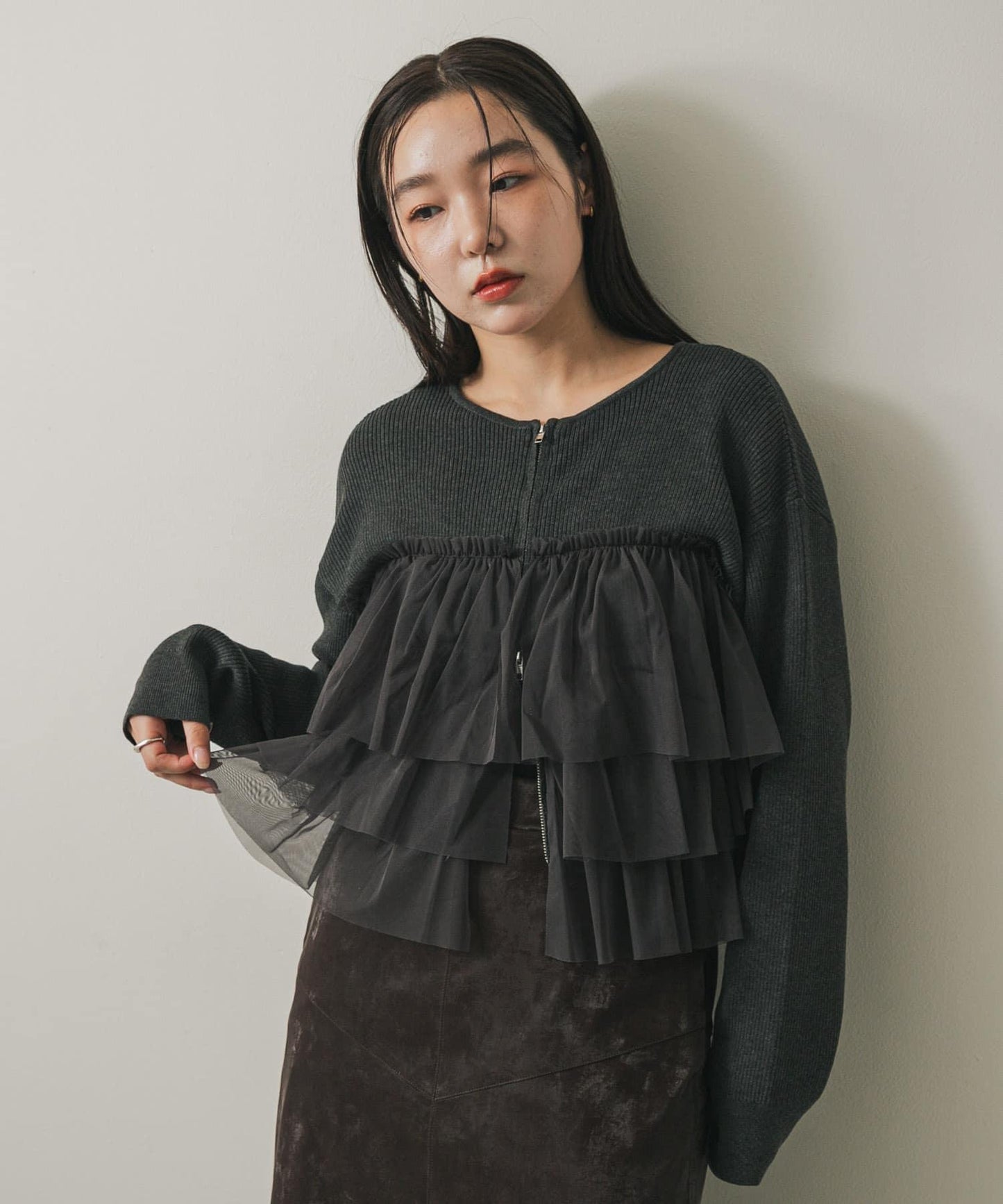 雙拉鍊荷葉邊針織開衫