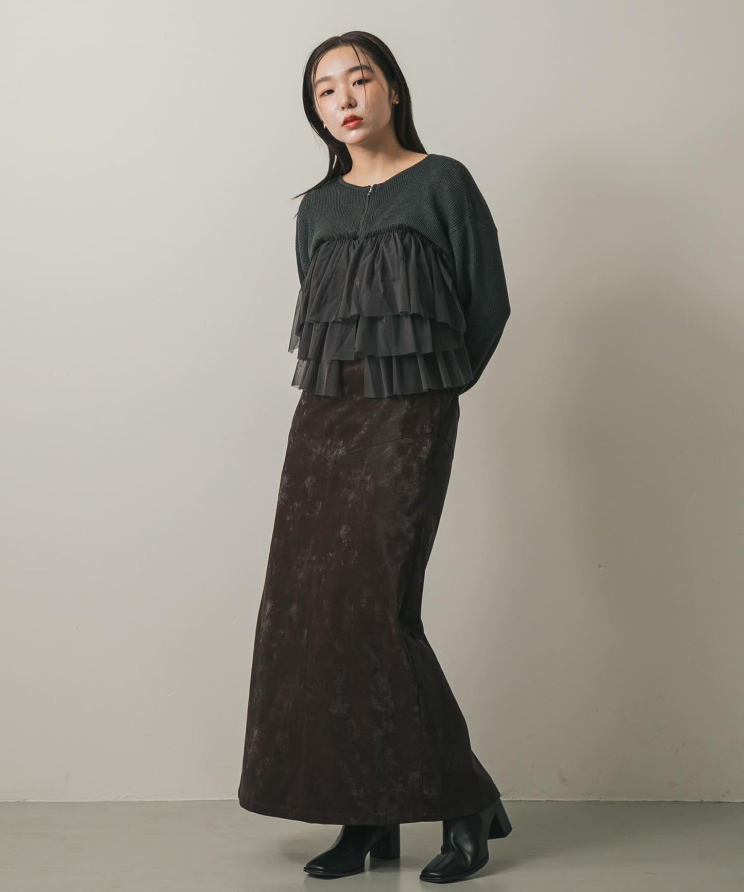 雙拉鍊荷葉邊針織開衫