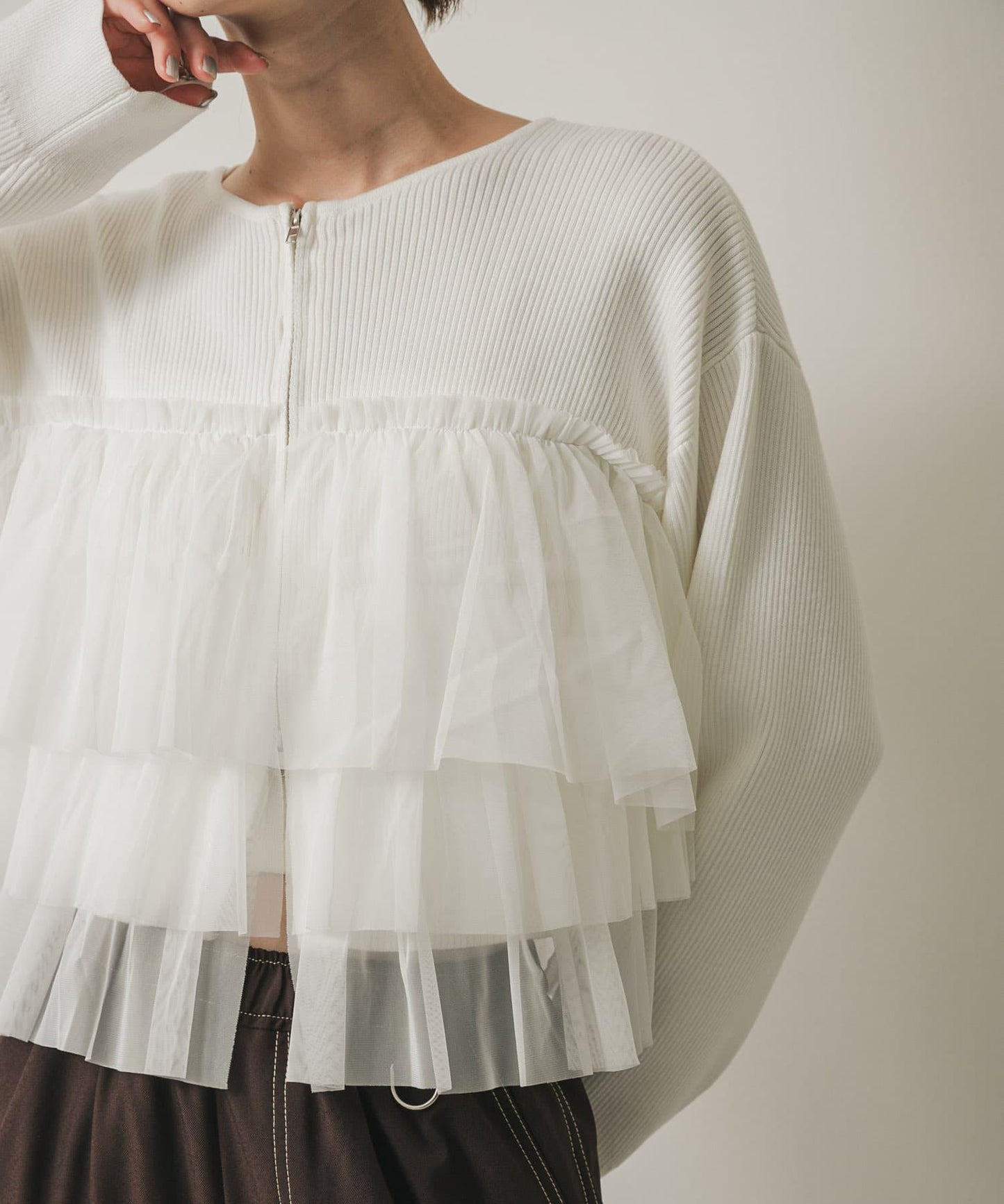 雙拉鍊荷葉邊針織開衫