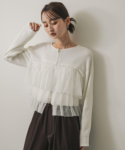 雙拉鍊荷葉邊針織開衫