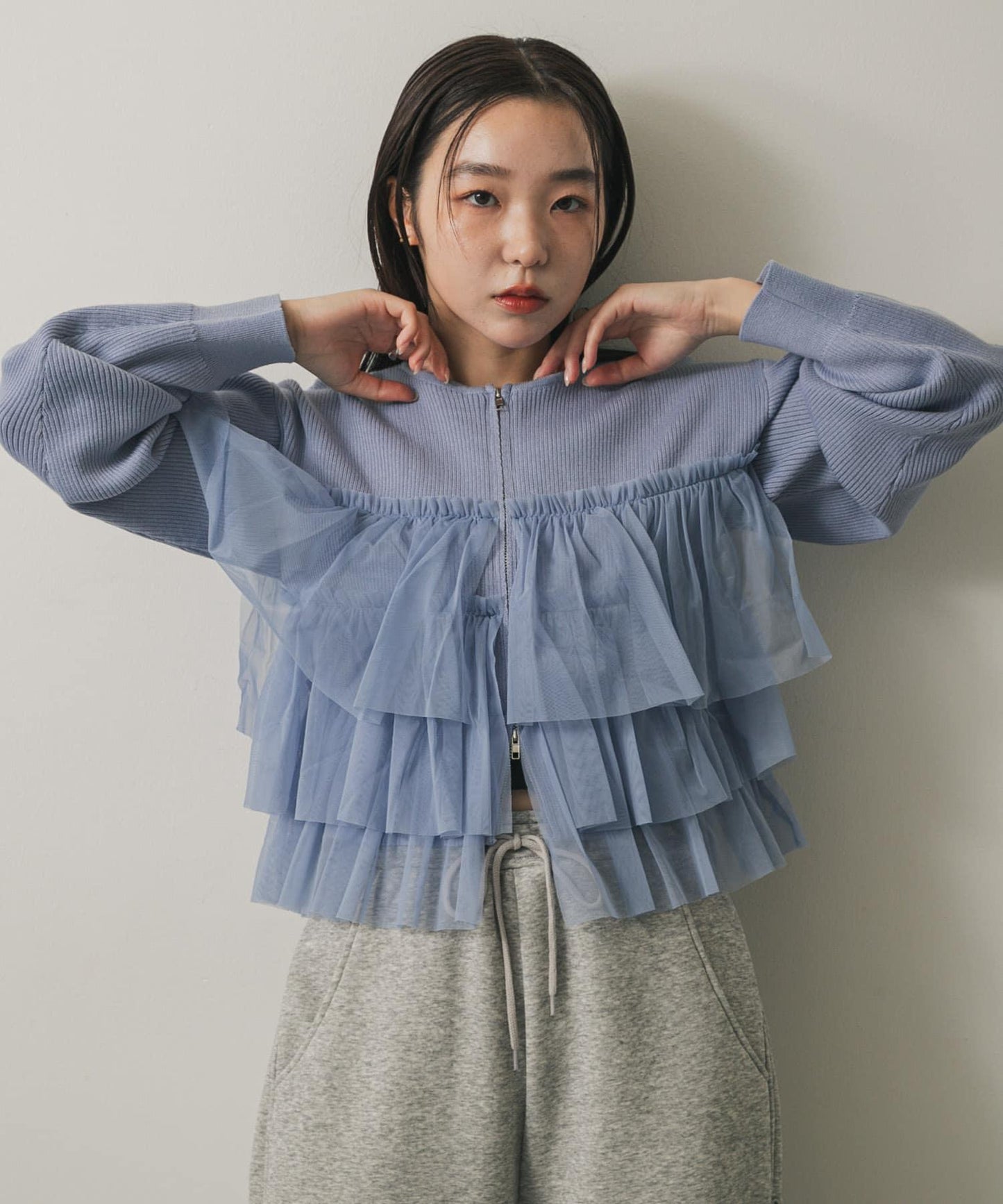 雙拉鍊荷葉邊針織開衫