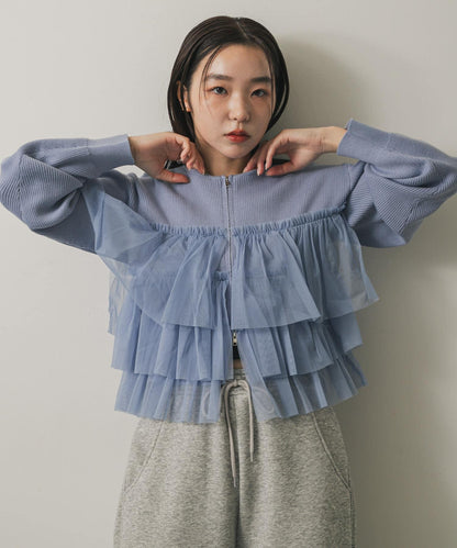 雙拉鍊荷葉邊針織開衫