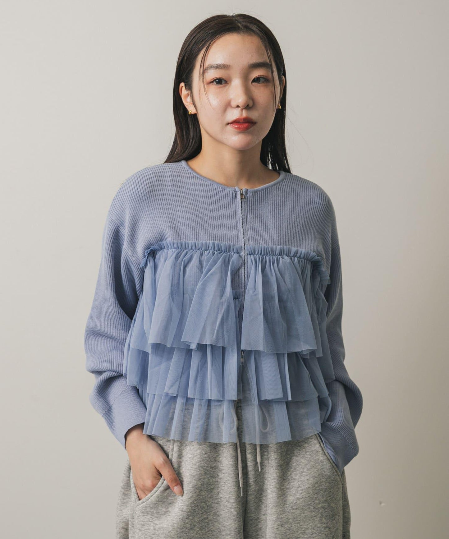 雙拉鍊荷葉邊針織開衫