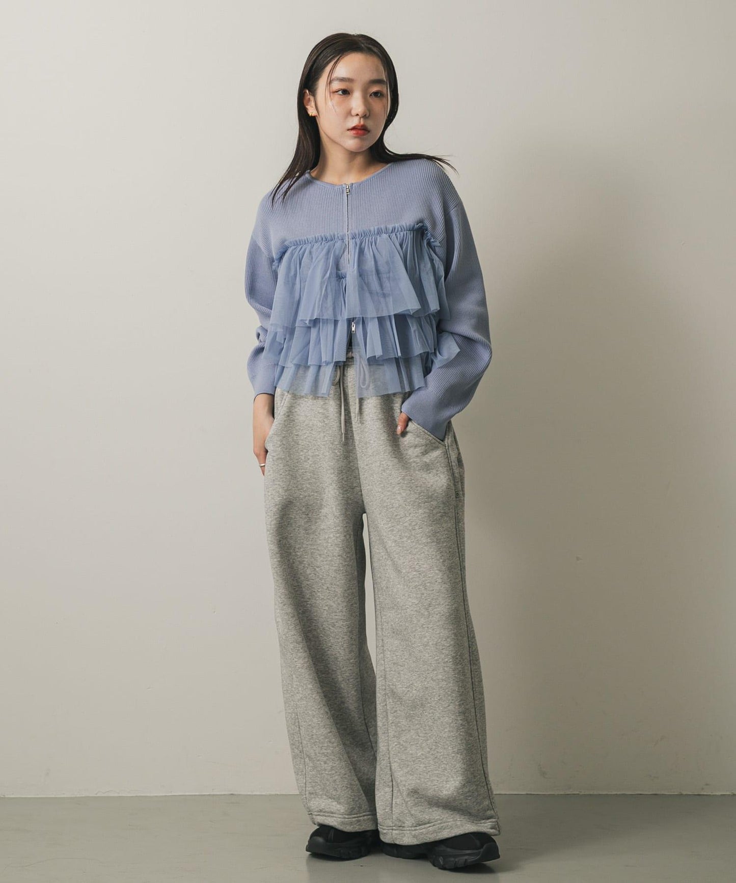 雙拉鍊荷葉邊針織開衫