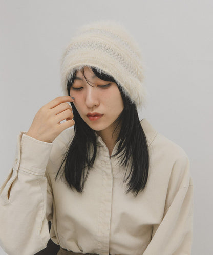 條紋設計長毛針織帽