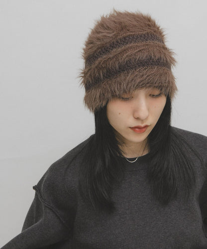 條紋設計長毛針織帽