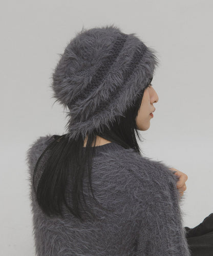 條紋設計長毛針織帽