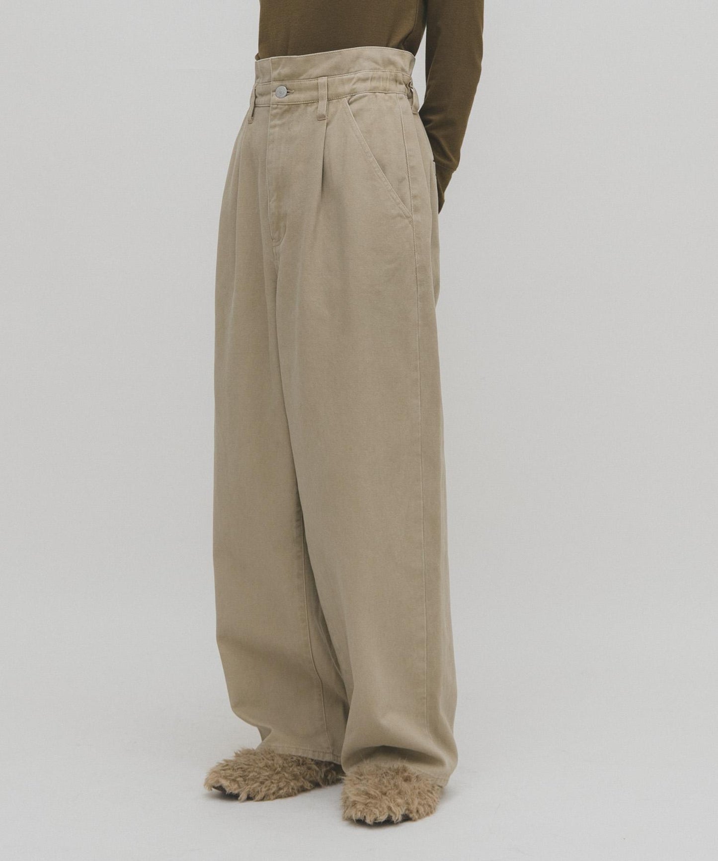 荷葉邊高腰斜紋長褲