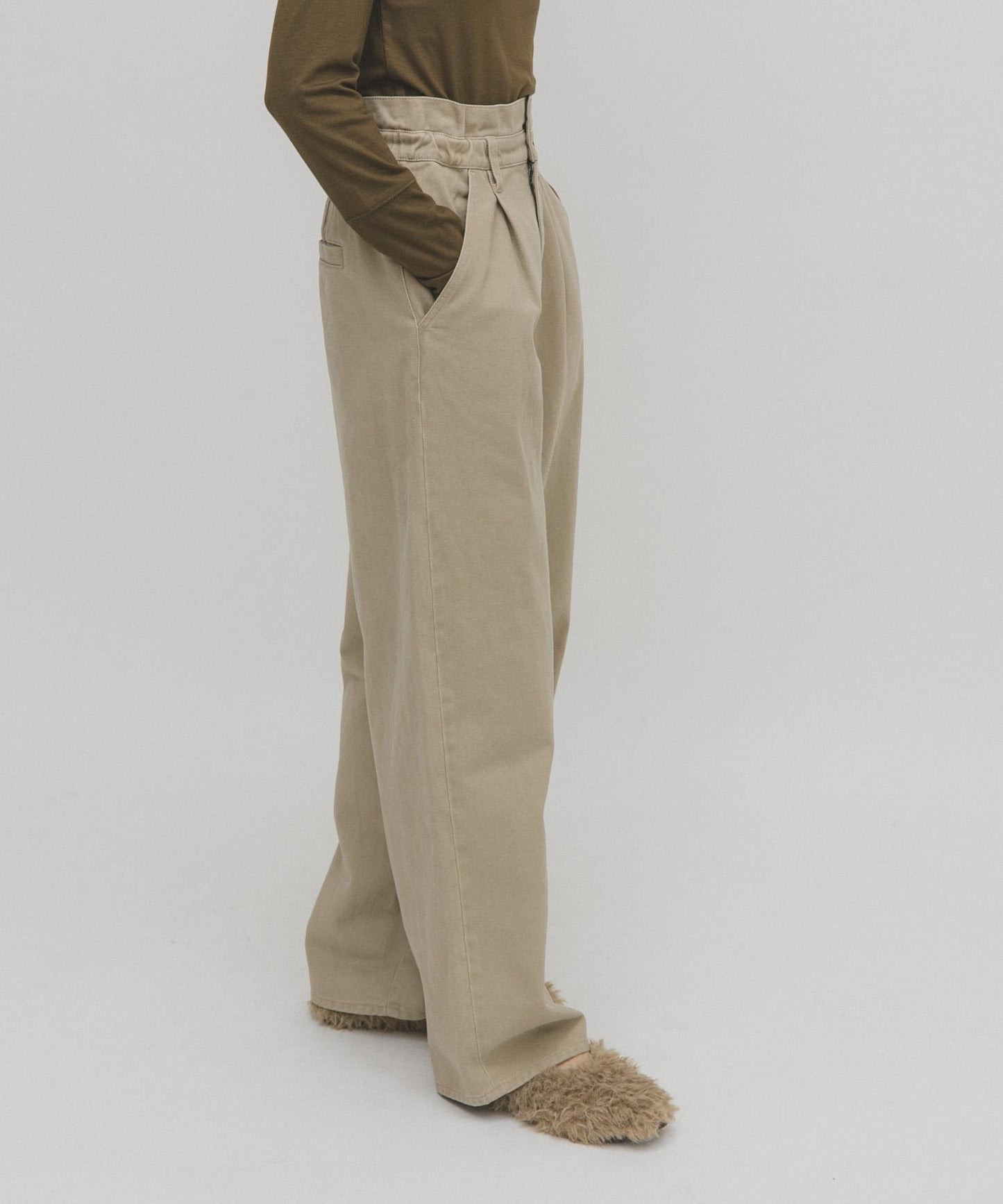 荷葉邊高腰斜紋長褲