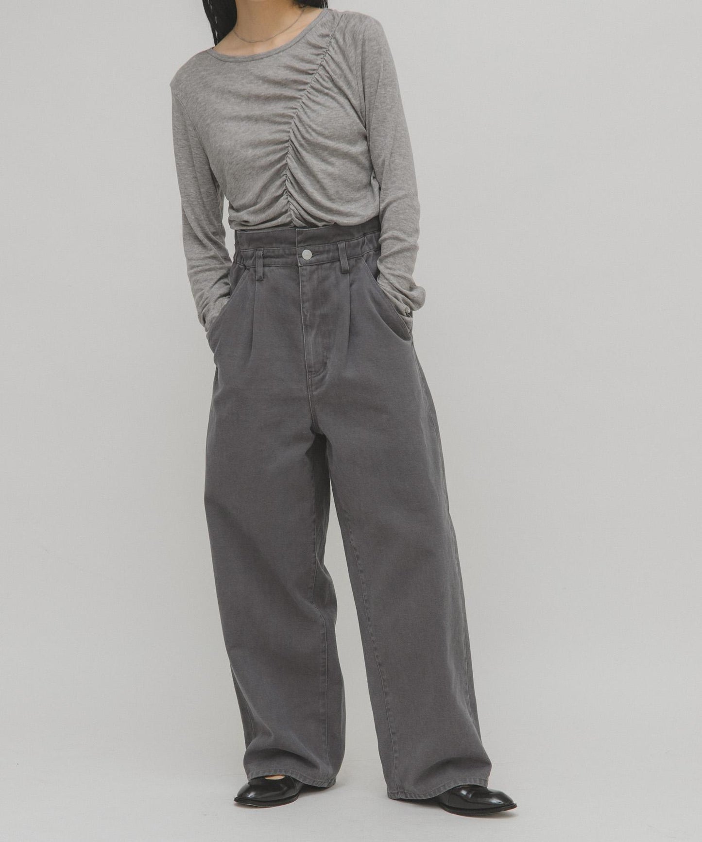 荷葉邊高腰斜紋長褲