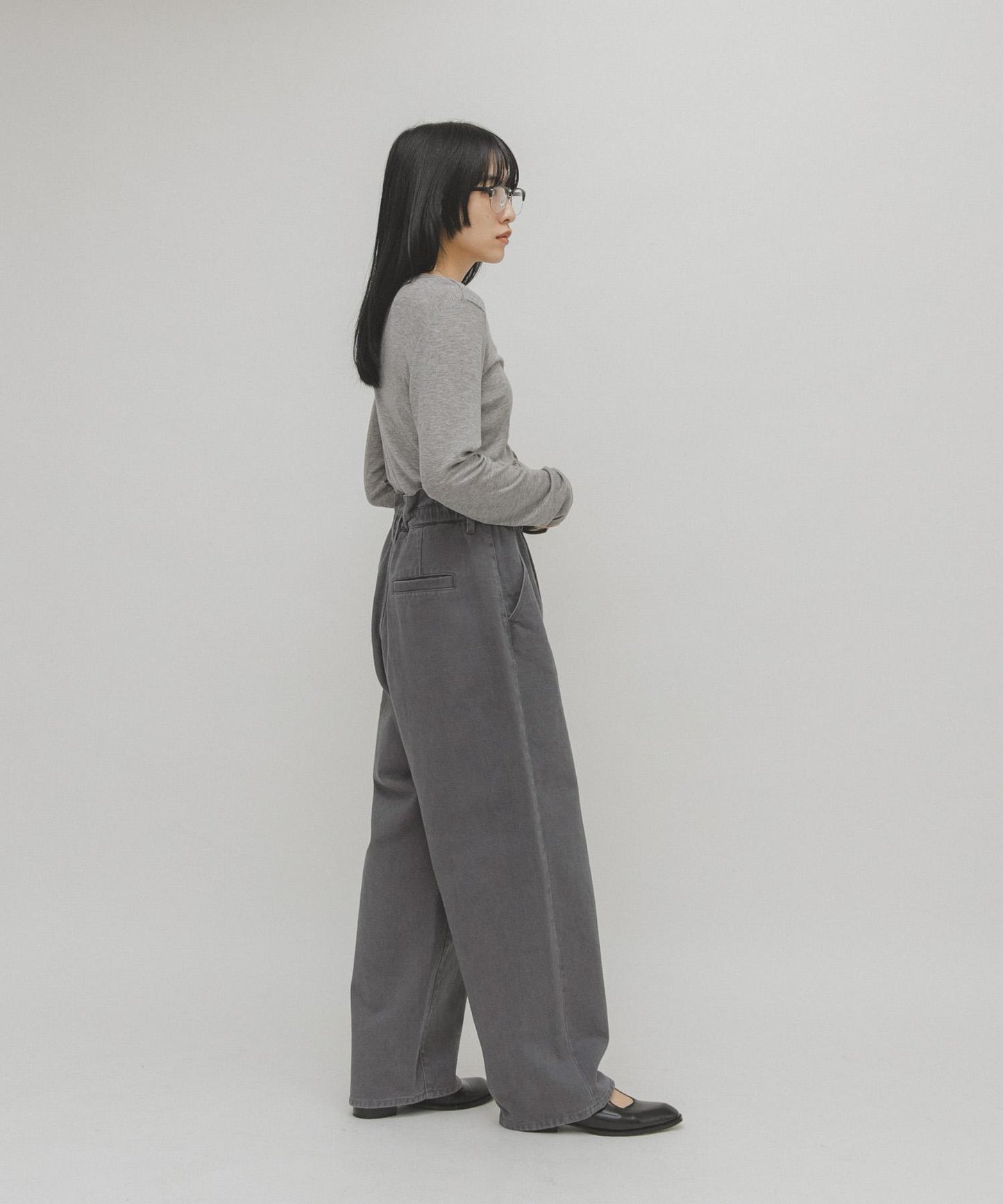 荷葉邊高腰斜紋長褲