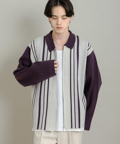 條紋拉鍊針織襯衫