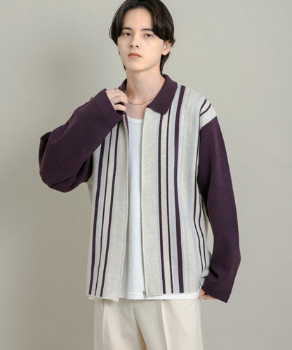 條紋拉鍊針織襯衫